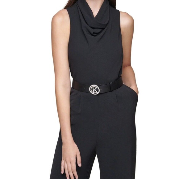 Calvin Klein Womens Cowlneck Drape Front Belted Black Jumpsuit Romper SZ 10 - Picture 2 of 13